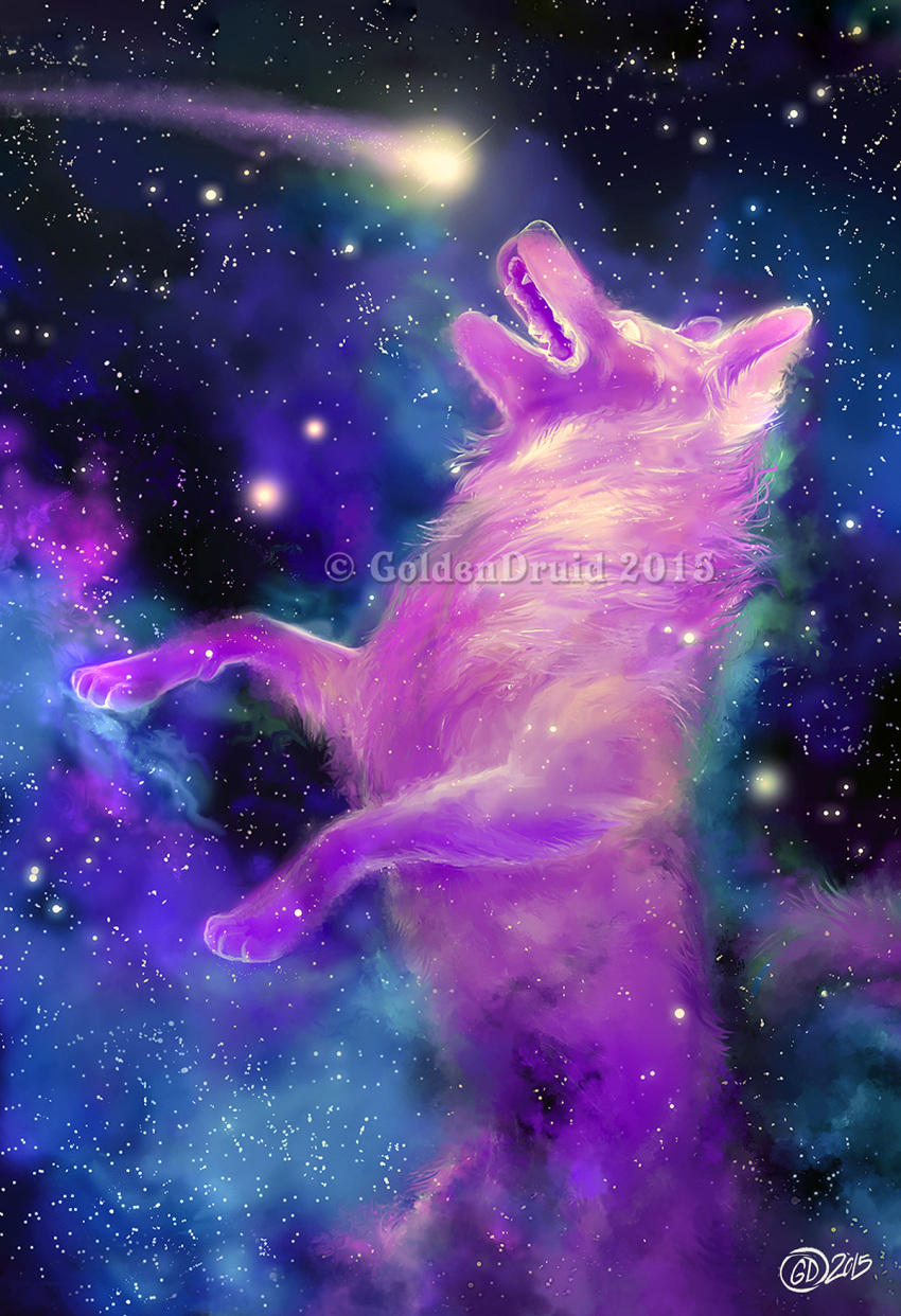 2015 ambiguous_gender canid canine canis cosmic_background cosmic_being digital_media_(artwork) feral goldendruid hi_res mammal open_mouth paws solo space teeth watermark wolf