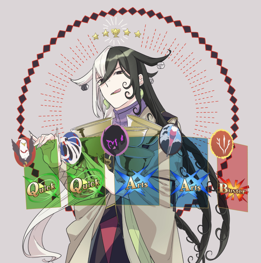 1boy ashiya_douman_(fate) asymmetrical_clothes asymmetrical_hair bell black_eyes black_hair curly_hair earrings fate/grand_order fate_(series) fingernails gameplay_mechanics green_eyeshadow green_kimono green_lipstick green_nails hair_bell hair_between_eyes hair_intakes hair_ornament hinoya holy_grail_(fate) japanese_clothes jewelry kimono lipstick long_hair magatama magatama_earrings makeup male_focus multicolored_hair open_clothes open_kimono ribbed_sleeves sharp_fingernails solo star_(symbol) toned toned_male two-tone_hair very_long_fingernails very_long_hair white_hair