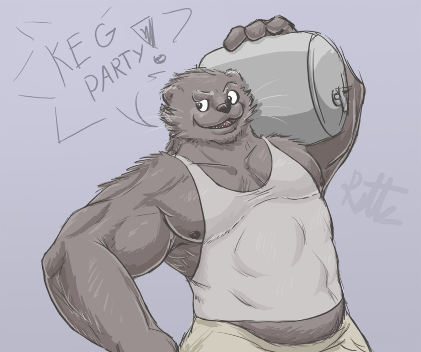 2007 anthro areola binturong bottomwear brown_body brown_fur clothed clothing dialogue fur keg looking_aside male mammal muscular muscular_anthro muscular_male nipples ritts shirt shorts signature simple_background solo speech_bubble tank_top topwear viverrid whiskers