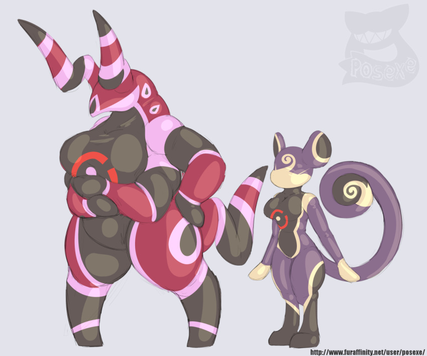 2019 4_arms anthro arms_under_breasts big_breasts big_tail breasts coiled_tail colored crossed_arms digitigrade faceless female female/female full_body_suit hands_on_hips large_female libredrone living_latex long_tail model_sheet multi_arm multi_limb nintendo pok&eacute;mon pok&eacute;mon_(species) posexe rattata rubber scolipede size_difference skin_tight_suit slightly_chubby text thick_thighs url video_games