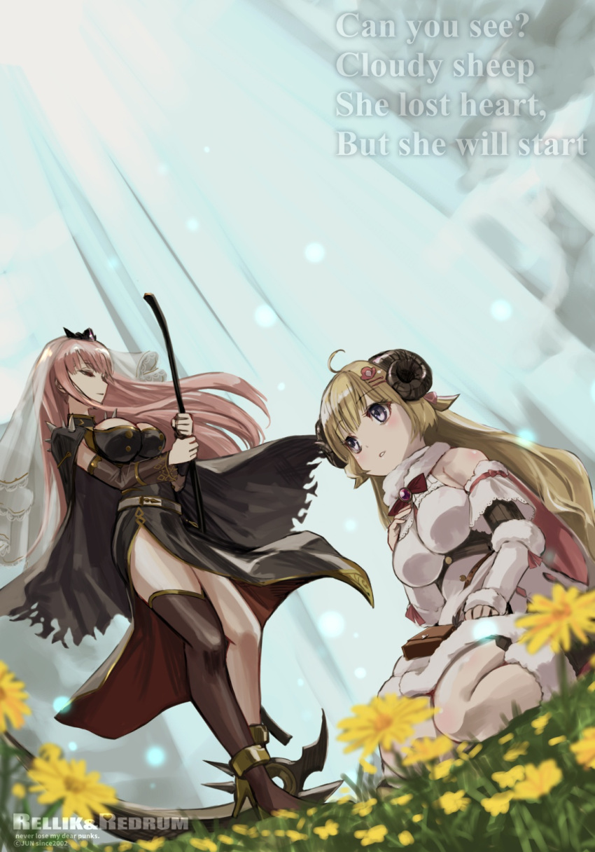 2girls bangs black_dress blonde_hair blush bracer breasts cape detached_sleeves dress english_text floating_hair highres holding holding_scythe holding_weapon hololive hololive_english horns jun_(rellik_&amp;_redrum) large_breasts looking_down looking_up mori_calliope multiple_girls parted_lips pink_hair purple_eyes red_eyes scythe sheep_girl sheep_horns single_thighhigh spikes standing thighhighs tsunomaki_watame virtual_youtuber weapon white_dress