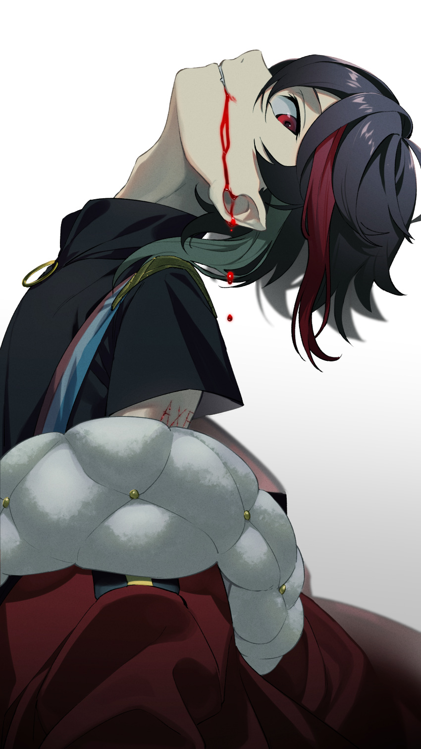 1boy absurdres adam's_apple black_hair bleeding blood blood_from_mouth blood_on_face dripping english_text fang gradient gradient_background grin highres injury jacket male_focus multicolored multicolored_hair nekokitsune0905 nijisanji o-ring off-shoulder_jacket off_shoulder parted_lips pointy_ears red_eyes red_hair red_jacket saegusa_akina smile solo streaked_hair vampire virtual_youtuber