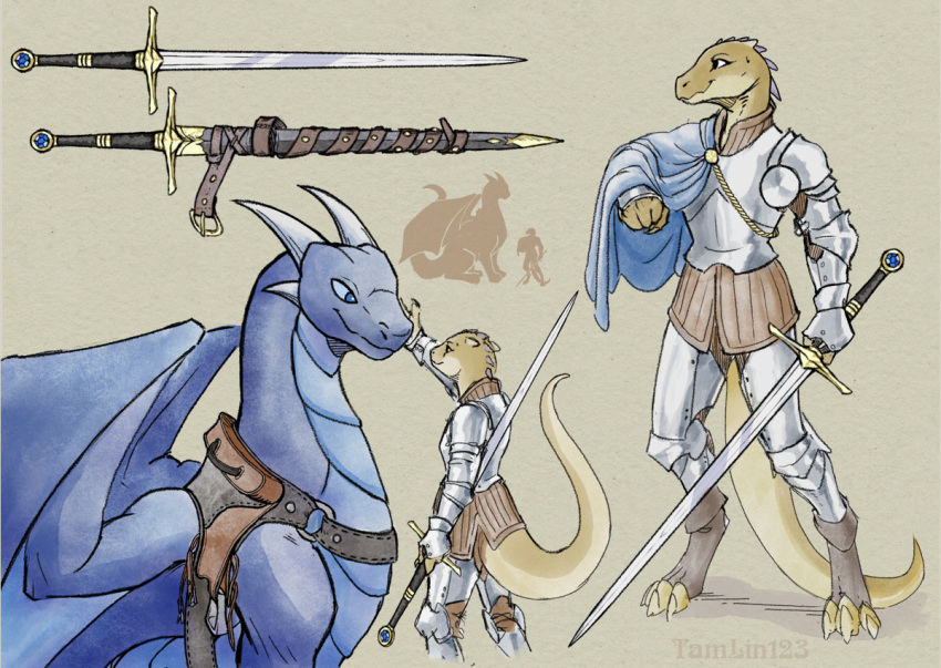 ambiguous_gender animal_genitalia anthro armor blue_body blue_scales cape clothing digitigrade dragon duo eye_contact feral genitals longsword looking_at_another plate_armor saddle scales scalie sheath tamlin123