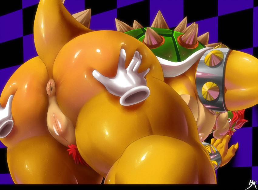 against_wall anthro bowser bracelet butt claws disembodied_hand duo hair jewelry koopa looking_back male mario_bros muscular muscular_male nintendo nipples open_mouth presenting presenting_hindquarters red_eyes red_hair scalie shell slit spiked_bracelet spiked_shell spikes spikes_(anatomy) spread_butt spread_slit spreading video_games yellow_body zombiehk