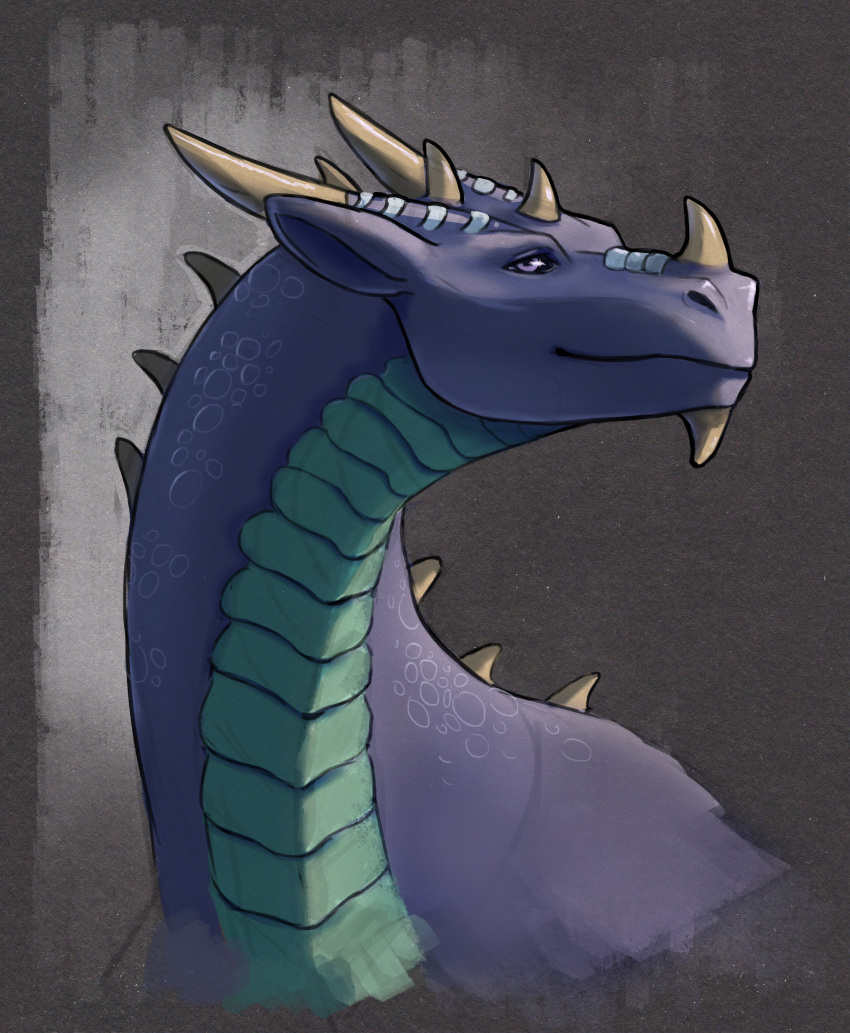 absurd_res black_background bust_portrait dimitri_(anthrodragon) dragon feognia green_body green_scales hi_res horn huge_filesize male multicolored_body multicolored_scales portrait purple_body purple_eyes purple_scales scales scalie simple_background solo spines