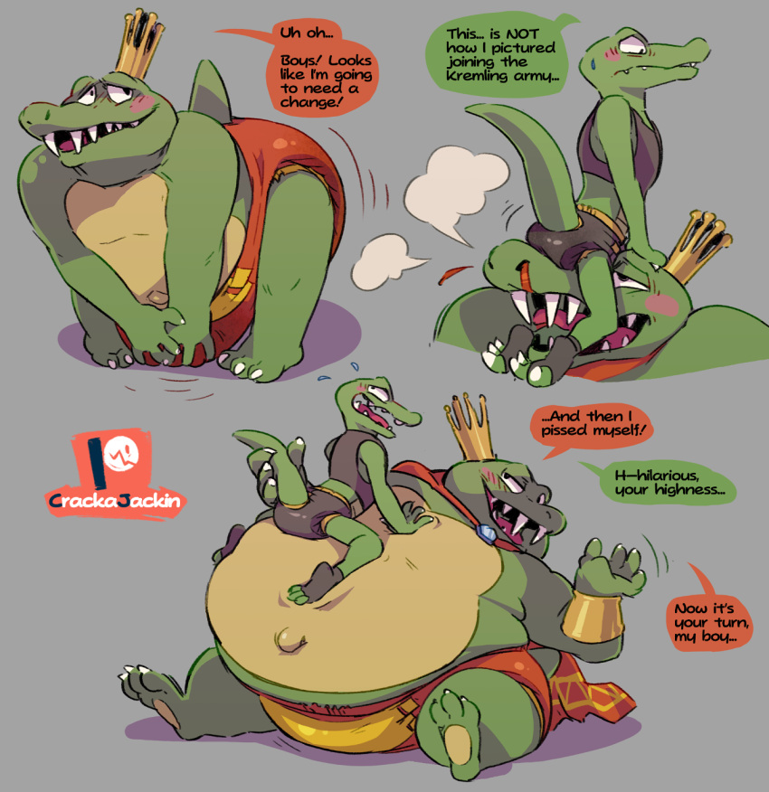 alligator alligatorid anthro belly big_belly biped black_diaper blood blush bodily_fluids bottomless cape clothed clothing crackajackin crocodile crocodilian crocodylid crown dialogue diaper diaper_lover donkey_kong_(series) duo embarrassed fangs genital_fluids giving_orders green_body hi_res jewelry king_k._rool kremling kritter_(kremling) male male/male nintendo nosebleed overweight overweight_anthro overweight_male red_diaper reptile royalty scalie sharp_teeth sitting size_difference teeth urine video_games wet_diaper wetting