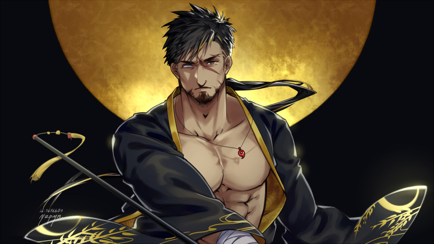 1boy abs bara bare_pecs black_hair black_kimono blind blonde_hair brown_eyes facial_hair full_moon happi highres japanese_clothes kimono magatama magatama_necklace male_focus moon multicolored_hair muscular muscular_male ninja_(yzpyn) nipples open_clothes open_kimono original pectorals scar scar_on_face short_hair solo stomach streaked_hair stubble upper_body wallpaper wide_sleeves yzpyn