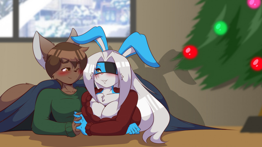 anthro bedding blanket blush breasts canid canine canis christmas christmas_lights cleavage clothed clothing dingo duo eye_patch eyewear female hair hamada hand_holding holidays lagomorph leporid long_hair male mammal mastergodai miles_lenck one_eye_closed plant rabbit romance smile tree white_hair