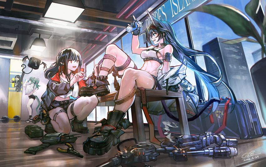 3girls absurdres animal_ears arknights bare_legs bare_shoulders black_choker black_footwear black_hair black_jacket blaze_(arknights) blue_eyes blue_hair boots bottle breasts cat_ears choker closure_(arknights) commentary_request crocodilian_tail crop_top doctor_(arknights) fallout_(series) fang fingerless_gloves gavial_(arknights) gloves green_hair guangmi hand_up highres holding holding_bottle huge_filesize indoors jacket long_hair looking_at_another medium_breasts midriff multiple_girls navel open_clothes open_jacket open_mouth plant pointy_ears red_eyes shirt sports_bra stomach thighs vault_boy very_long_hair white_shirt