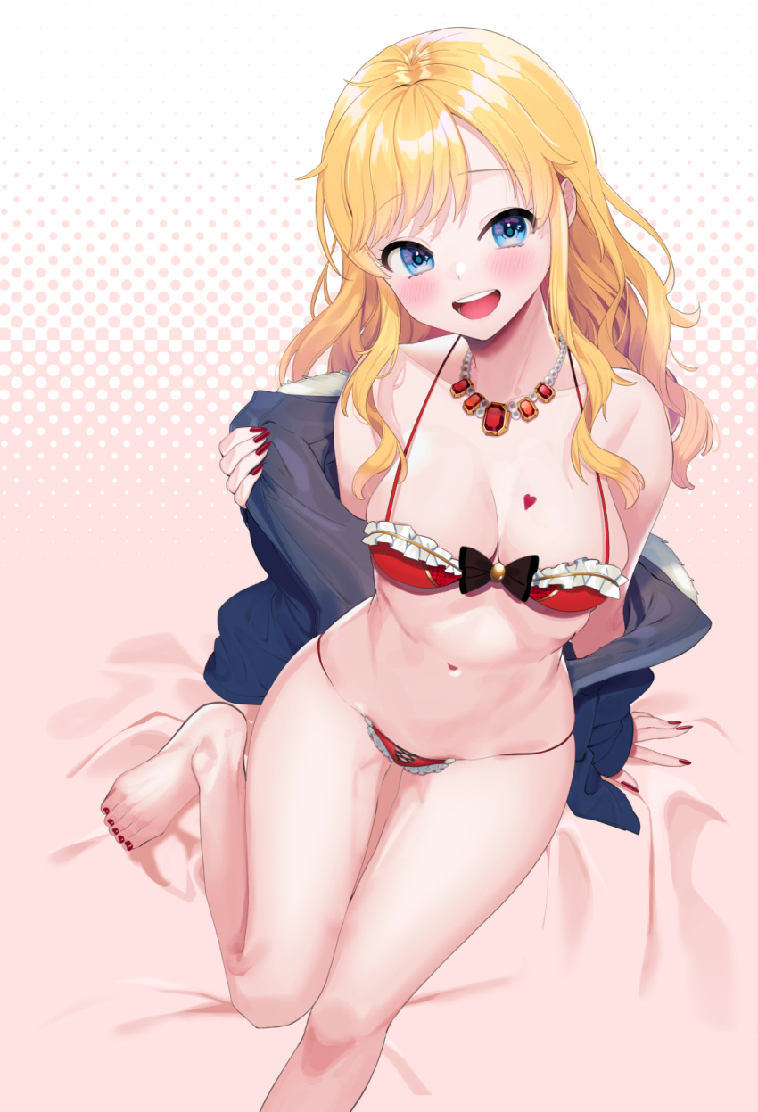 1girl arm_support bangs barefoot blonde_hair blue_eyes blush bra breast_tattoo breasts cleavage collarbone commentary_request cover cover_page doujin_cover eyebrows_visible_through_hair foot_out_of_frame frilled_bra frilled_panties frills fur-trimmed_jacket fur_trim gem heart heart_tattoo highres idolmaster idolmaster_cinderella_girls jacket jewelry large_breasts long_hair looking_at_viewer nail_polish navel necklace nipples number ootsuki_yui open_clothes open_jacket open_mouth panties purple_jacket red_bra red_nails red_panties sitting smile solo stomach sweat tattoo toenail_polish underwear upper_teeth wavy_hair yam_(htt)