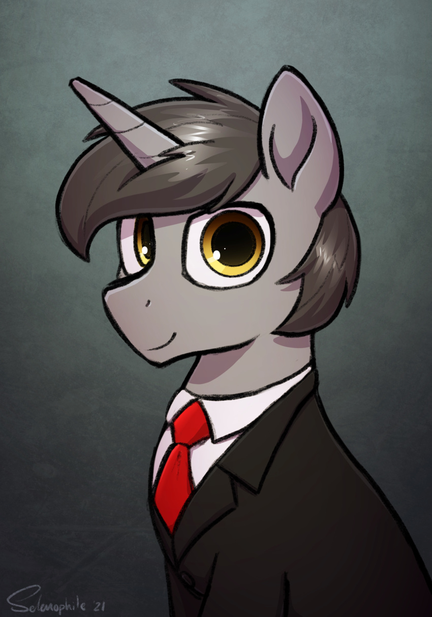 2021 absurd_res clothed clothed_feral clothing equid equine fan_character feral hasbro hi_res horn looking_at_viewer mammal my_little_pony necktie selenophile signature smile solo unicorn unicorn_horn