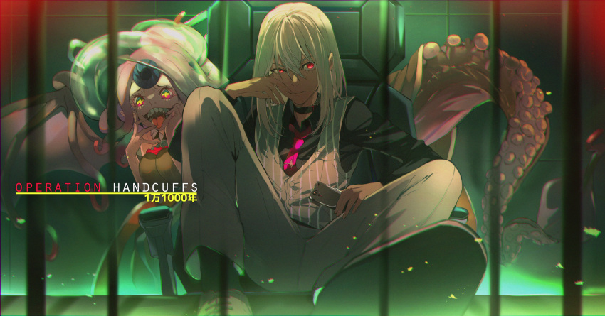 1boy 1girl accelerator bars cellphone chromatic_aberration closed_mouth english_text film_grain fingernails green_eyes hair_between_eyes highres holding holding_phone kagura_kurosaki long_hair monster_girl multicolored multicolored_eyes necktie open_mouth phone pink_eyes pink_hair pink_neckwear pointy_ears qliphah_puzzle_545 saliva saliva_trail sharp_fingernails sharp_teeth sitting slit_pupils striped striped_clothes suction_cups teeth tentacle_hair tentacles to_aru_majutsu_no_index to_aru_majutsu_no_index:_genesis_testament tongue tongue_out transparent vest white_hair wings