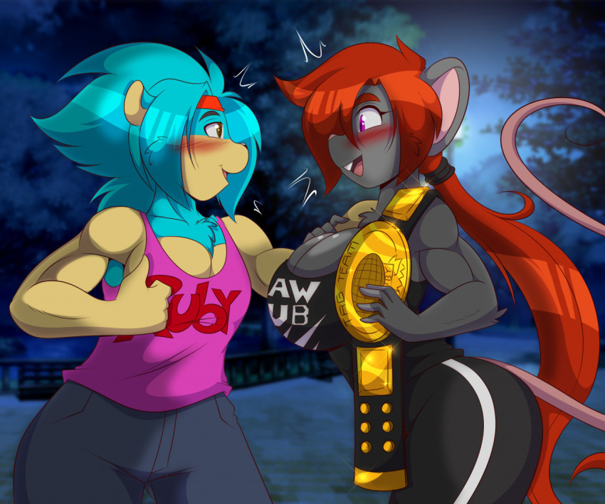 anthro belt big_breasts blush breasts cleavage clothed clothing duo eulipotyphlan female hair hedgehog male male/female mammal mastergodai mouse murid murine night open_mouth park purple_eyes red_hair rodent ruby_fields shirt smile tank_top topwear wrestling_belt