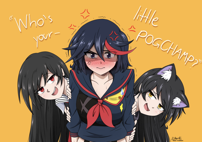 3girls absurdres akame akame_ga_kill! animal_ears black_hair blake_belladonna blush cat_ears crossover embarrassed highres kill_la_kill long_hair matoi_ryuuko meme microskirt midriff multicolored_hair multiple_girls my_little_pogchamp_(meme) pleated_skirt red_eyes red_hair reyfearspsychosis rwby senketsu short_hair skirt streaked_hair suspenders very_long_hair yellow_eyes