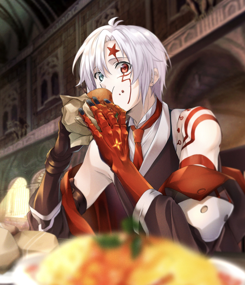 1boy allen_walker bare_shoulders black_jacket black_nails blue_eyes blurry blurry_background blurry_foreground colored_skin d.gray-man eating facial_mark fingernails food food_on_face hamburger heterochromia highres holding holding_food indoors jacket long_sleeves male_focus necktie noan omurice red_eyes red_neckwear red_skin shiny shiny_hair shirt short_hair silver_hair sitting solo white_shirt