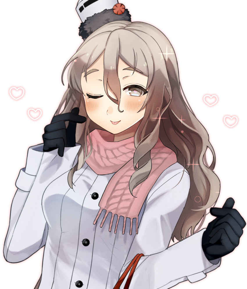 1girl absurdres black_gloves brown_eyes coat gloves grey_hair hat highres kantai_collection mini_hat one_eye_closed pink_scarf pola_(kantai_collection) scarf solo tilted_headwear tongue tongue_out toriniku_senshi_chikinman upper_body wavy_hair white_background white_coat