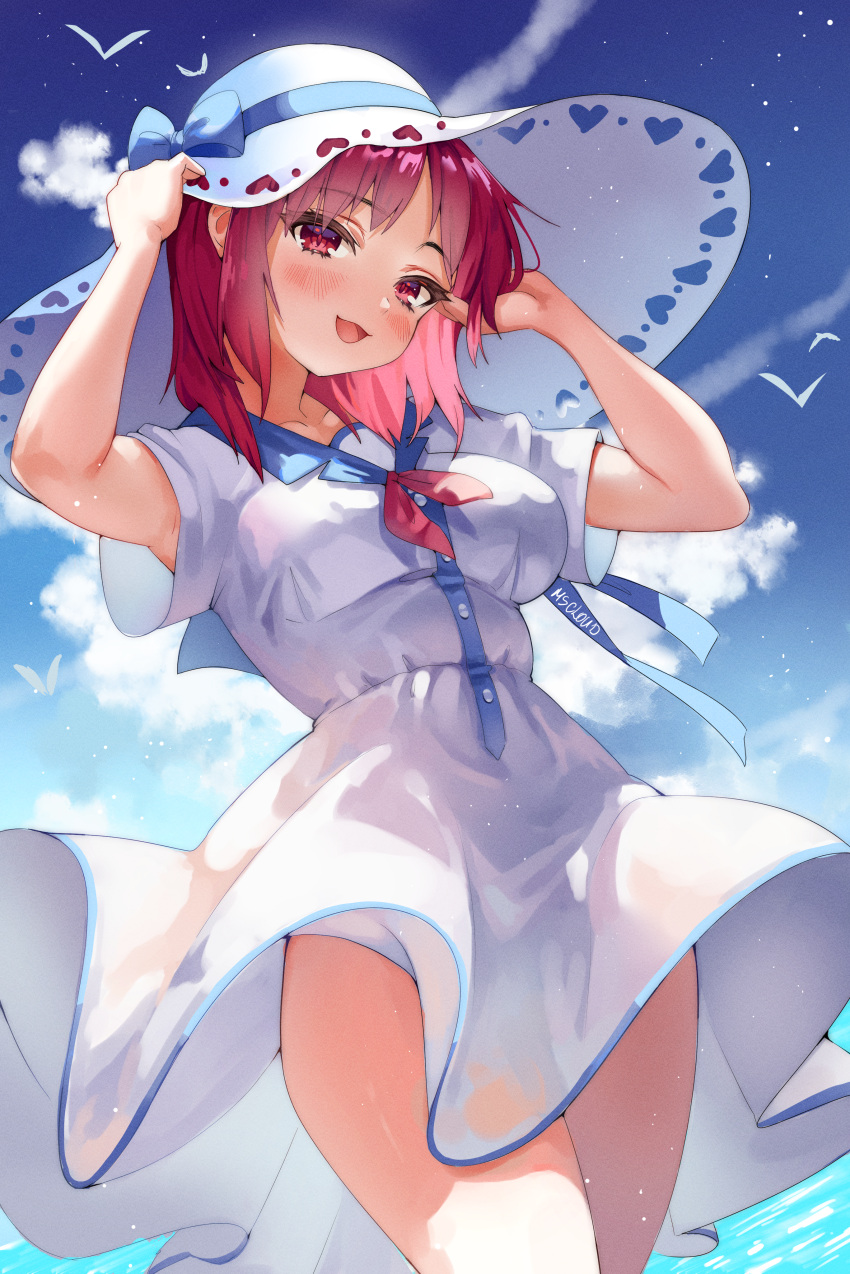 1girl absurdres angel_beats! armpit_peek artist_name bangs bird blue_bow blue_sailor_collar blush bow breasts clothing_cutout cloud day dress eyebrows_visible_through_hair hands_on_headwear hat hat_bow heart_cutout highres huge_filesize iwasawa looking_at_viewer medium_breasts ms_cloud neckerchief ocean open_mouth outdoors red_eyes red_hair red_neckwear sailor_collar sailor_dress short_hair short_sleeves sky smile solo summer sun_hat sundress thighs water white_dress wind