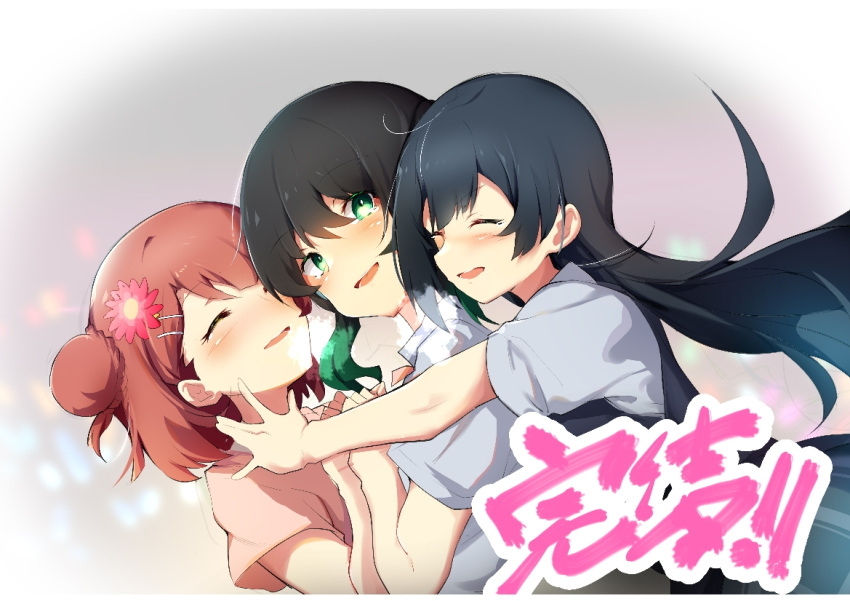 3girls black_hair blush closed_eyes commentary flower girl_sandwich green_eyes green_hair hair_flower hair_ornament happy hug long_hair love_live! love_live!_nijigasaki_high_school_idol_club medium_hair multicolored_hair multiple_girls nijigasaki_academy_uniform sandwiched side_bun smile takasaki_yuu tears translation_request twintails uehara_ayumu yuri yuuki_setsuna_(love_live!) zhanzhangzlw