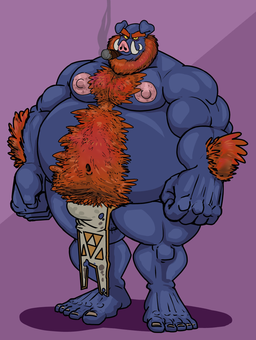 2020 5_fingers 5_toes absurd_res anothermeekone anthro arm_hair balls barefoot beard belly biceps body_hair bottomwear bulge chest_hair cigar clothing domestic_pig facial_hair feet fingers ganon genitals hairy hi_res loincloth looking_at_viewer male mammal navel nintendo nipples overweight overweight_anthro overweight_male smoke smoking solo stomach_hair suid suina sus_(pig) the_legend_of_zelda toes triforce video_games yellow_sclera