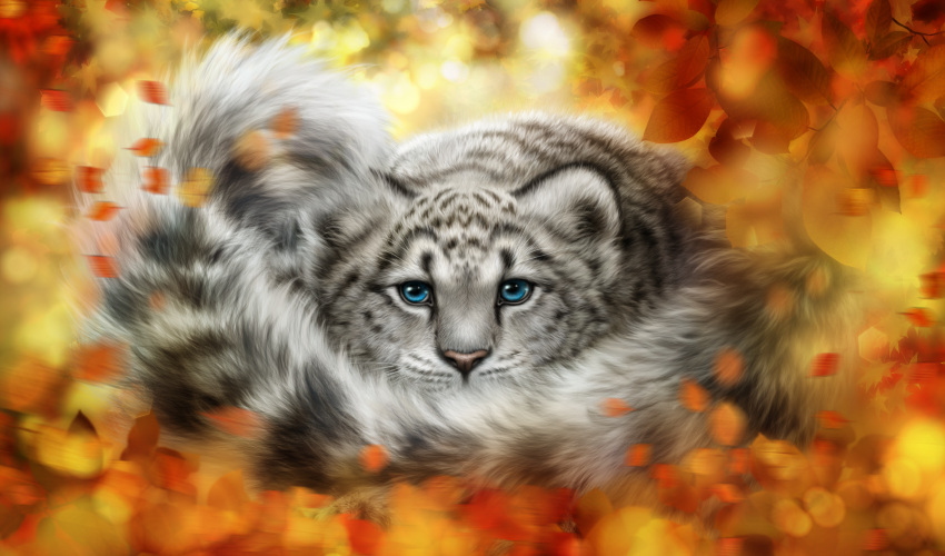 2015 ambiguous_gender autumn black_body black_fur blue_eyes bokeh day detailed detailed_fur elena_roslyakova felid feral fluffy fluffy_tail fur grey_body grey_fur hi_res leaf looking_at_viewer mammal outside pantherine snow_leopard solo white_body white_fur