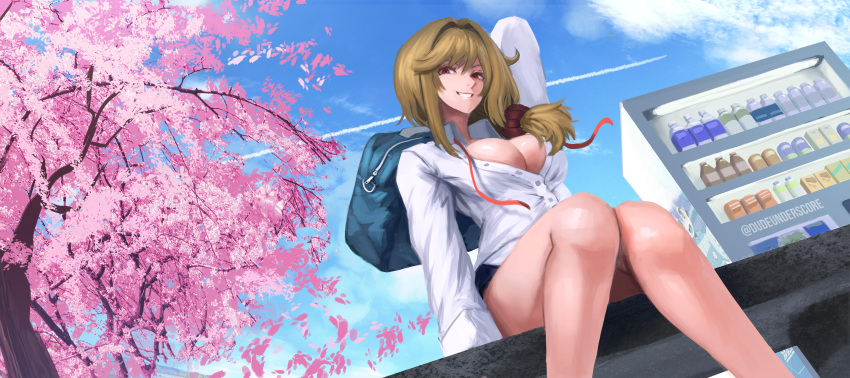 1girl absurdres arm_up bag bangs bare_legs breasts cherry_tree cleavage cloud cloudy_sky collared_shirt commentary commission day dudeunderscore dutch_angle english_commentary gekkan_shoujo_nozaki-kun grin hair_intakes hair_ornament hair_over_shoulder hair_scrunchie highres knees_together_feet_apart large_breasts long_hair long_sleeves looking_at_viewer low-tied_long_hair medium_hair neck_ribbon no_bra on_railing partially_unbuttoned red_eyes red_ribbon ribbon rouman_academy_uniform school_bag scrunchie seo_yuzuki shirt sitting sky smile solo thighs twitter_username undone_neckwear vending_machine white_shirt