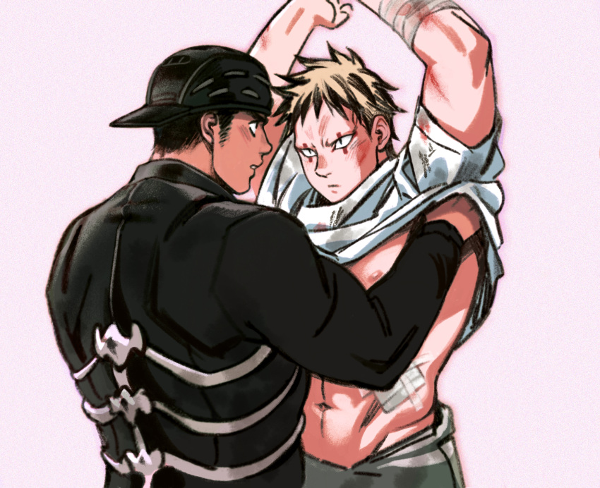 2boys abs agroshka aikawa_(dorohedoro) backwards_hat bandages bara black_hair blonde_hair blush couple dorohedoro facial_mark hat highres long_sleeves looking_at_another looking_up male_focus multicolored_hair multiple_boys muscular navel nipples open_mouth pants pectorals risu_(dorohedoro) shirt short_sleeves sideburns tattoo undressing_another upper_body white_background yaoi