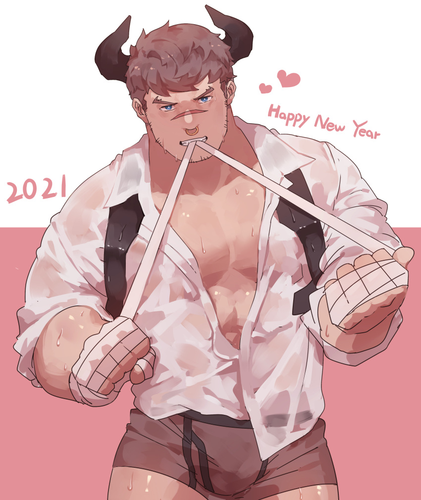 1boy 2021 abs absurdres bandages bara bare_pecs blue_eyes boxer_briefs brown_male_underwear bulge chinese_zodiac cow_boy cow_horns cowboy_shot facial_hair guoguo happy_new_year highres horns looking_at_viewer male_focus male_underwear muscular muscular_male new_year open_clothes open_shirt original pectorals scar scar_on_face scar_on_nose see-through shirt short_hair solo stomach stubble thighs underwear wet wet_clothes wet_shirt year_of_the_ox