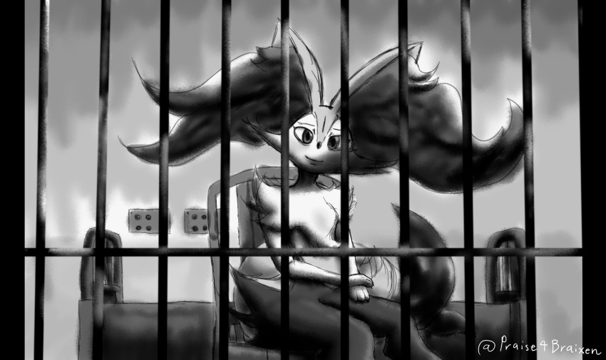 anthro bars bed black_and_grey black_and_white black_and_white_fur black_body black_hair braixen calm dim_lighting dream ear_tuft female fluffy fluffy_tail fur furniture grey_eyes hair halfbaked-hope hi_res inner_ear_fluff jail_cell konami long_hair looking_at_viewer love monochrome nintendo pok&eacute;mon pok&eacute;mon_(species) prison silent_hill simple_background solo tuft video_games white_body white_fur