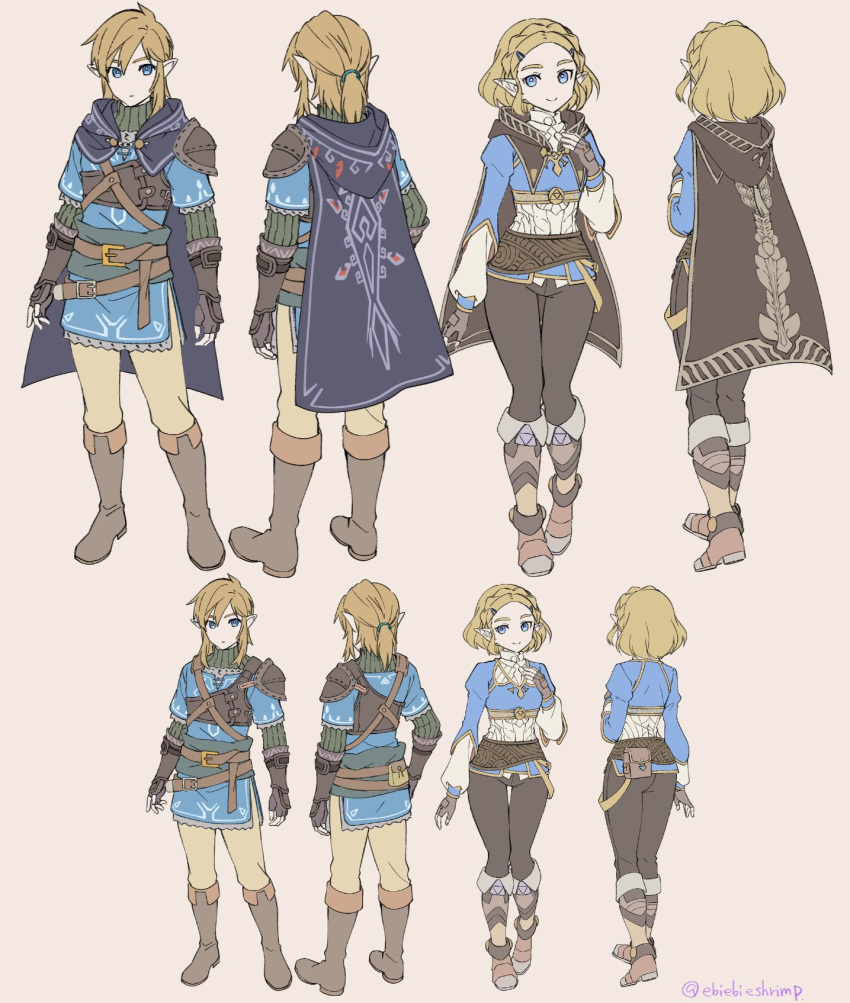 1boy 1girl armor back belt blonde_hair blue_eyes boots cape character_sheet full_body hand_on_own_chest highres knee_boots link medium_hair pointy_ears princess_zelda short_hair shuri_(84k) smile the_legend_of_zelda the_legend_of_zelda:_breath_of_the_wild the_legend_of_zelda:_breath_of_the_wild_2 tied_hair