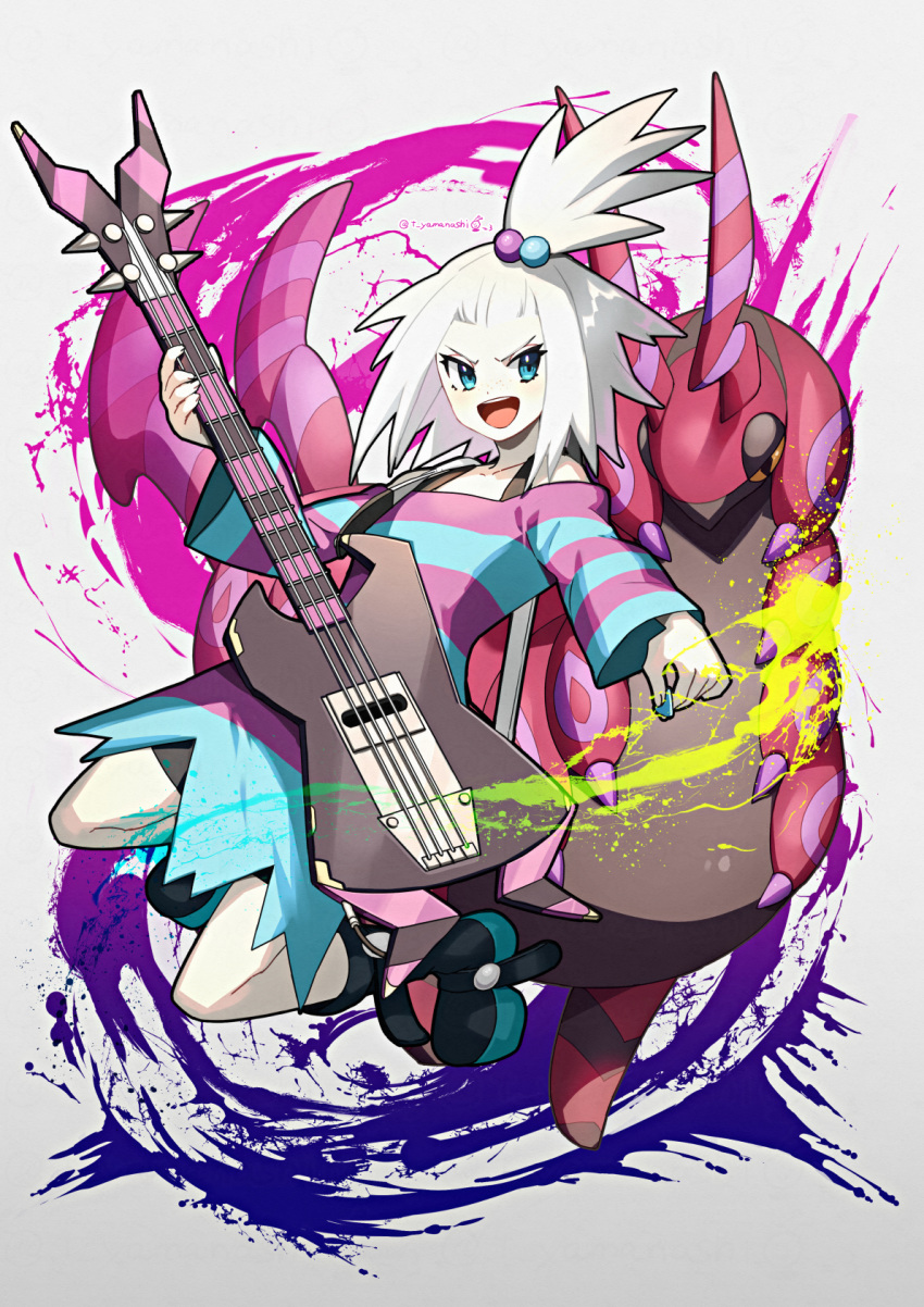 1girl bass_guitar bike_shorts boots commentary dress eyelashes freckles hair_bobbles hair_ornament highres holding holding_plectrum instrument long_sleeves looking_to_the_side medium_hair open_mouth plectrum pokemon pokemon_(creature) pokemon_bw2 roxie_(pokemon) scolipede short_dress smile striped_clothes striped_dress teeth tongue topknot white_hair yamanashi_taiki