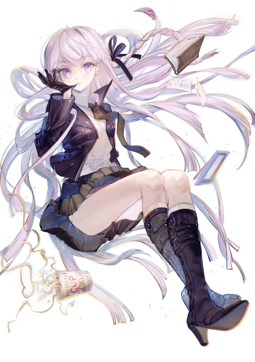 1girl adjusting_clothes adjusting_gloves black_footwear black_neckwear black_ribbon black_skirt book boots braid cup_ramen danganronpa:_trigger_happy_havoc danganronpa_(series) ear_piercing eyebrows_visible_through_hair food gloves hair_ribbon high_heel_boots high_heels highres jacket kirigiri_kyouko long_hair mouth_pull necktie noodles pages panties piercing popped_collar purple_eyes purple_jacket ribbon rumoon_cocoa simple_background skirt solo underwear white_background white_panties