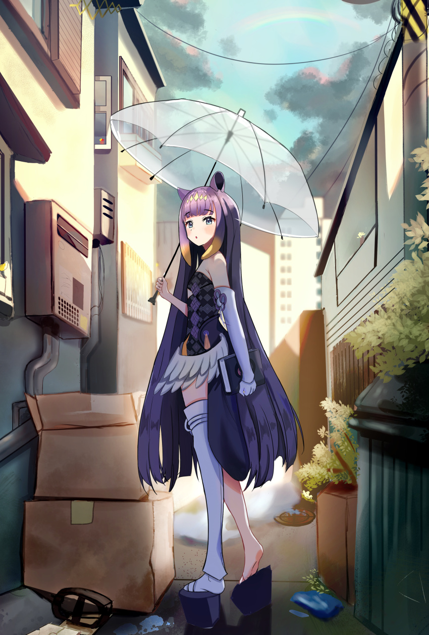 1girl :o absurdres ao-chan_(ninomae_ina'nis) blue_eyes blunt_bangs blush book box cardboard_box detached_sleeves gloves gradient_hair hair_flaps highres holding holding_book holding_umbrella hololive hololive_english kamery long_hair looking_at_viewer low_wings multicolored_hair ninomae_ina'nis ninomae_ina'nis_(1st_costume) open_mouth platform_footwear purple_hair sidelocks single_detached_sleeve single_glove single_thighhigh solo standing tentacle_hair thighhighs transparent transparent_umbrella trash_can umbrella very_long_hair virtual_youtuber white_gloves wings