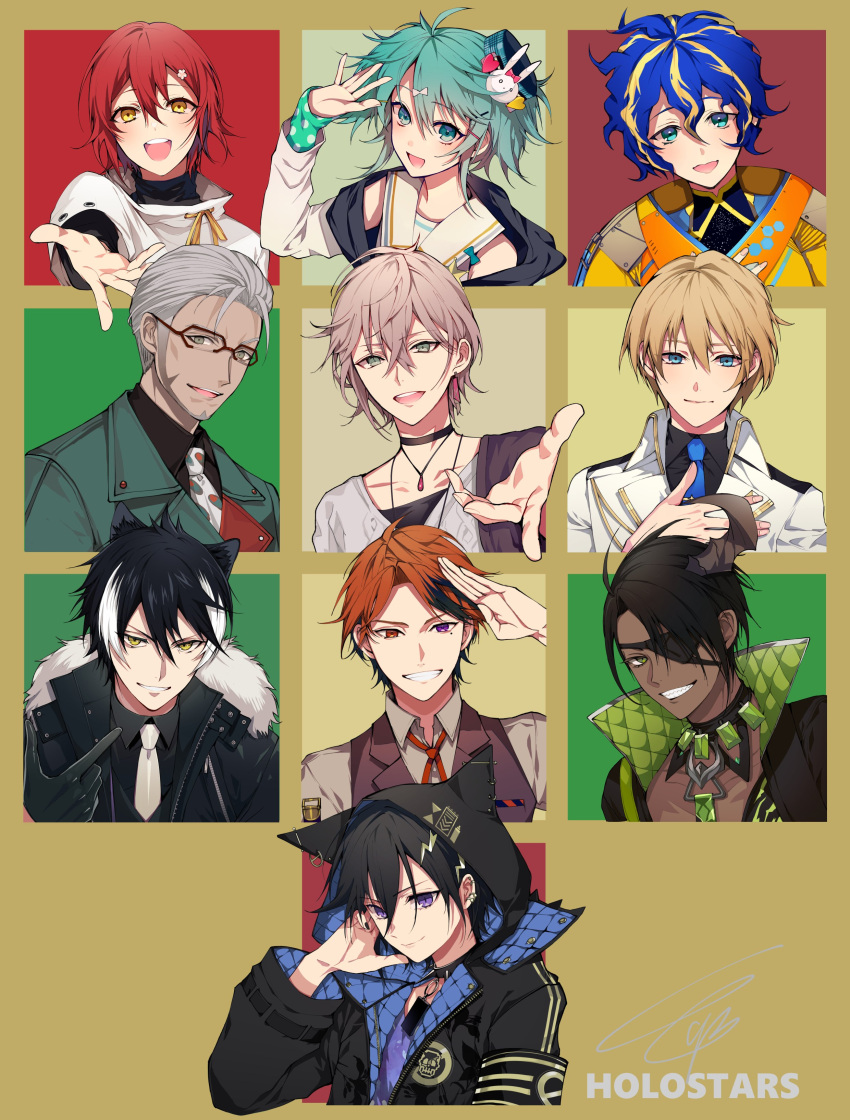 6+boys absurdres aqua_hair aragami_ouga arurandis astel_leda beard black_hair black_jacket black_shirt blonde_hair blue_hair blue_neckwear blush bunny_hair_ornament collared_shirt copyright_name dark_skin dark_skinned_male eyepatch facial_hair glasses grey_hair hair_behind_ear hair_ornament hanasaki_miyabi highres holostars hood hooded_jacket horns jacket kagami_kira kageyama_shien kanade_izuru kishido_temma looking_at_viewer looking_down male_focus multicolored_hair multiple_boys necktie one_eye_covered open_hand open_mouth otoko_no_ko red_hair red_neckwear rikka_(holostars) salute shirt single_horn smile streaked_hair tcb upper_body virtual_youtuber white_hair white_neckwear yellow_eyes yukoku_roberu