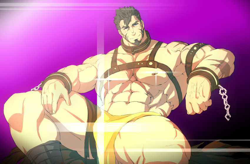 1boy abs absurdres ass_visible_through_thighs bara bare_pecs blush brown_hair bulge chain chest_harness collar cuffs facial_hair flaming_eye goatee handcuffs harness hercules_(tokyo_houkago_summoners) highres kill_la_kill kito_(clamp5656) loincloth looking_at_viewer male_focus metal_collar muscular muscular_male navel nipples pectorals revealing_clothes short_hair sideburns solo sparkle spread_legs thick_thighs thighs tokyo_houkago_summoners