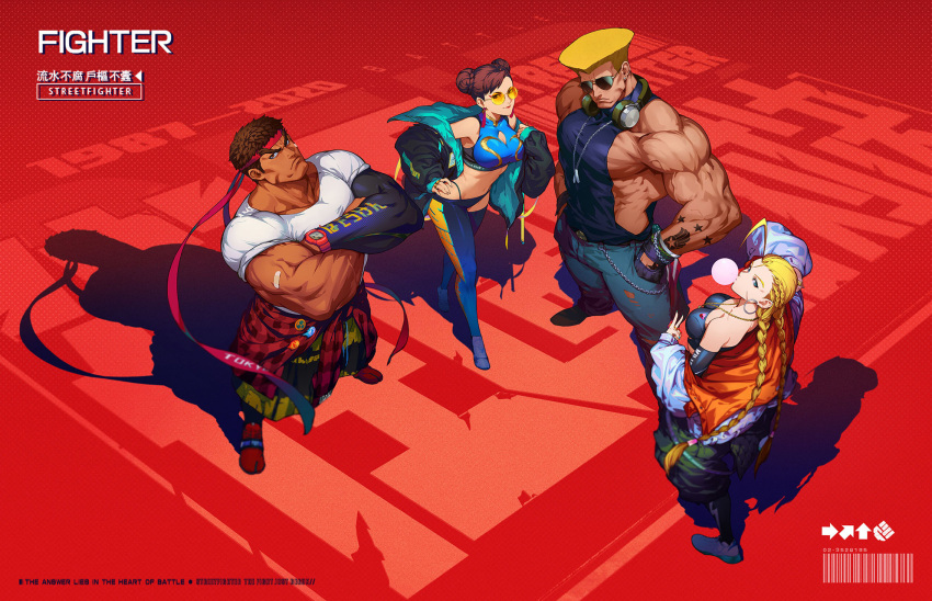 2boys 2girls adapted_costume ahoge arm_tattoo aviator_sunglasses baggy_clothes baggy_pants bandaid bandaid_on_arm bare_shoulders black_gloves black_hair black_legwear black_sleeves blonde_hair braid breasts bubble_blowing cammy_white casio casual chewing_gum chun-li cleavage_cutout clothes_around_waist clothing_cutout commentary_request crossed_arms dark_skin dark_skinned_male denim detached_leggings detached_sleeves dog_tags double_bun earrings fashion fingernails flattop glasses gloves green_nails guile halter_top halterneck hand_on_hip headband headphones headphones_around_neck highleg highleg_panties highres hoop_earrings huge_ahoge impossible_clothes jacket jeans jewelry large_breasts leggings long_braid long_hair looking_at_viewer looking_back looking_up medium_breasts midriff multicolored multicolored_clothes multicolored_jacket multiple_boys multiple_girls muscular muscular_male nail_polish navel off-shoulder_jacket official_art opaque_glasses panties pants pectorals plaid plaid_shirt red_background red_footwear red_headband rimless_eyewear ring round_eyewear ryu_(street_fighter) shirt shirt_around_waist shoes short_hair single_detached_sleeve sleeveless sleeves_rolled_up sneakers street_fighter street_fighter:_duel stud_earrings sunglasses t-shirt tan tattoo thick_eyebrows tight tight_pants torn_clothes torn_jeans torn_pants twin_braids underwear v watch white_footwear wireless wristwatch xin_wang yellow-tinted_eyewear