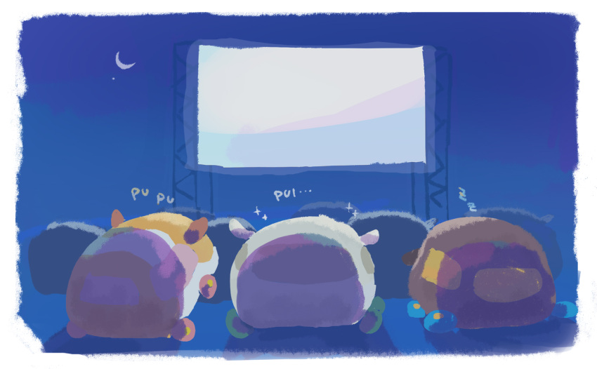 choco_(pui_pui_molcar) commentary crescent_moon excited from_behind guinea_pig molcar moon motimamire night no_humans potato_(pui_pui_molcar) projector_screen pui_pui_molcar shiromo_(pui_pui_molcar) sleeping sparkle zzz