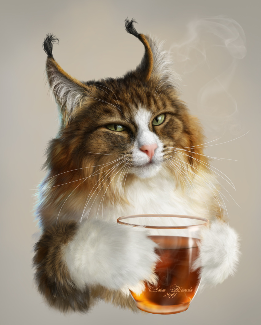 2019 ambiguous_gender beverage brown_body brown_fur cheek_tuft cup detailed detailed_fur domestic_cat ear_tuft elena_roslyakova facial_tuft felid feline felis fluffy fur hi_res holding_cup holding_object inner_ear_fluff looking_at_viewer mammal multicolored_body multicolored_fur signature simple_background solo tuft white_body white_fur