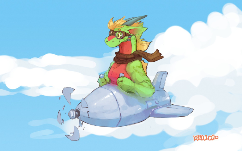 16:10 2020 aircraft airplane anthro blonde_hair cloud dracaris dragon eyewear flying goggles green_body green_scales grey_horn grey_spikes hair hi_res horn male multicolored_body multicolored_scales propeller red_body red_scales redponei scales scalie scarf signature sky solo spikes two_tone_body two_tone_scales widescreen yellow_eyes