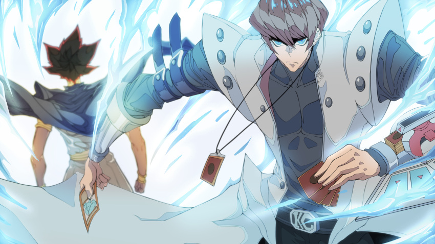 2boys absurdres atem belt black_belt black_hair blue-eyes_white_dragon blue_eyes brown_hair card clenched_hand dark_skin dark_skinned_male duel_disk energy hair_behind_ear highres holding holding_card jacket jewelry kaiba_seto looking_at_viewer male_focus multicolored_hair multiple_boys necklace pectorals porko red_hair skin_tight trading_card white_jacket yu-gi-oh!