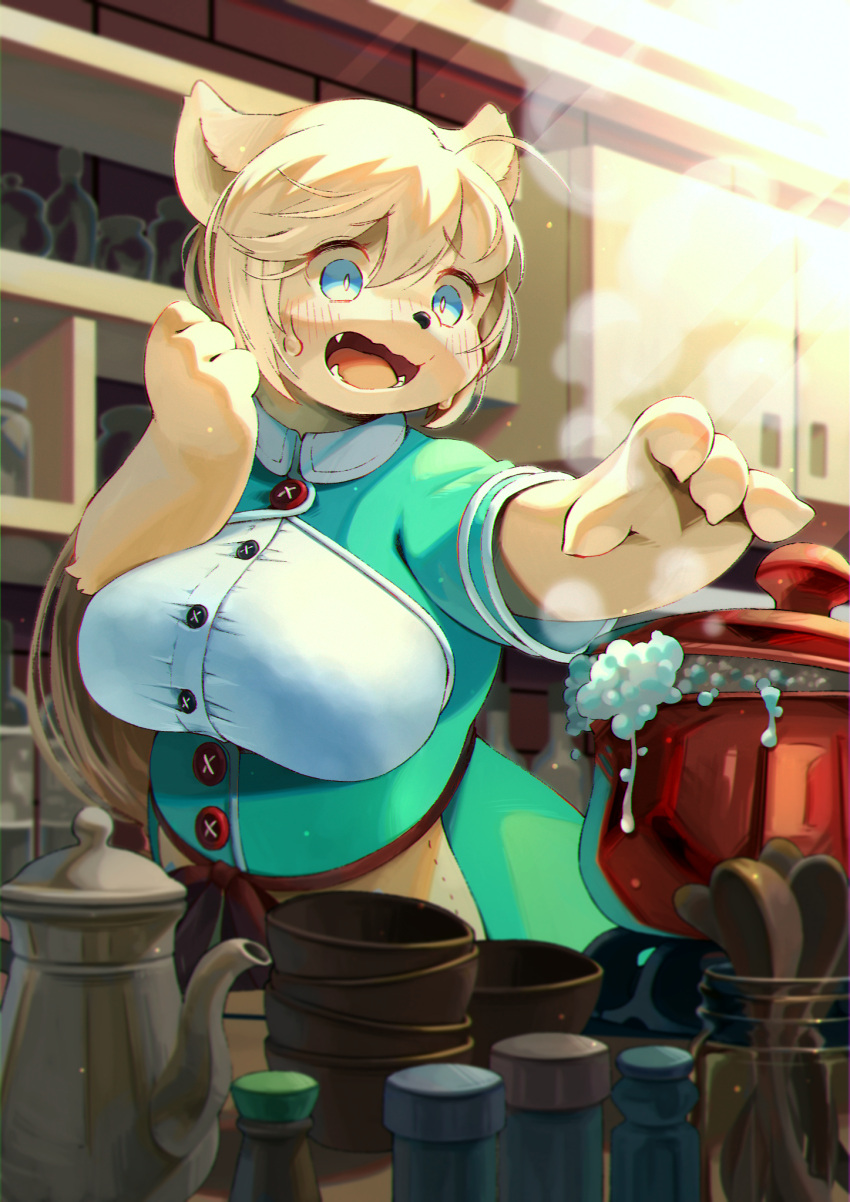 2021 4_fingers ahoge anthro apron big_breasts black_nose blue_eyes blush bodily_fluids bottle bowl breasts bubble button_(fastener) canid canine canis claws clothed clothing cooking cooking_pot cupboard cute_fangs cutlery detailed_background domestic_dog dress female fingers fur furniture green_clothing hair hi_res inside jar kemono kitchen kitchen_utensils mammal nn_197069 open_mouth shelf short_hair solo spoon steam stove sweat sweatdrop table tan_body tan_fur tan_hair teapot teeth tools topwear tuft white_clothing yellow_clothing