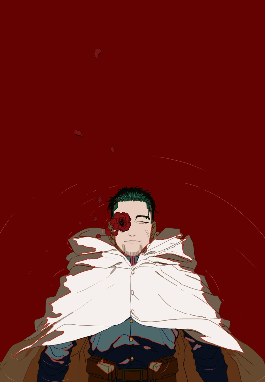 1boy ambiguous_red_liquid belt black_hair blue_jacket brown_belt buttons cape closed_eyes closed_mouth collared_jacket commentary_request facial_hair facing_viewer flower from_above golden_kamuy hair_slicked_back highres hinna_hinna_hin hood hood_down hooded_cape imperial_japanese_army jacket korean_commentary leather_belt long_sleeves lying male_focus military military_uniform ogata_hyakunosuke on_back one_eye_covered petals petals_on_liquid red_flower scar scar_on_cheek scar_on_face short_hair simple_background solo stubble undercut uniform upper_body white_cape