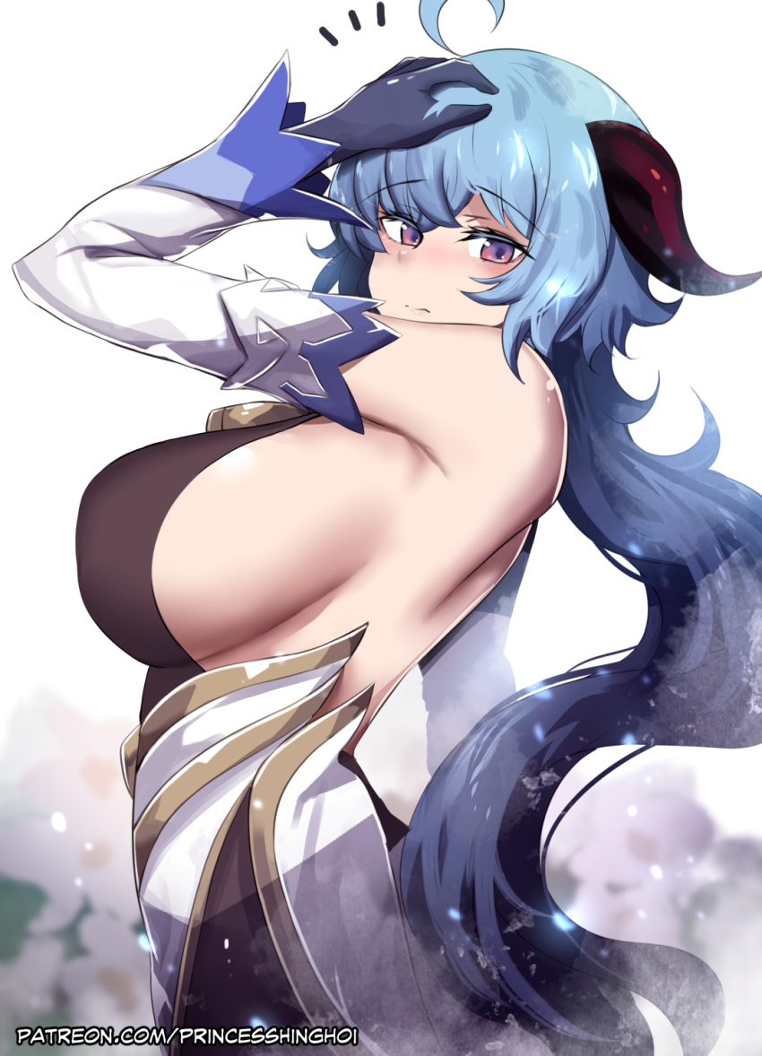 1girl ahoge alternate_breast_size arm_up armpits bare_shoulders bell blue_hair blush bodysuit bow breasts cowbell detached_sleeves eyebrows_visible_through_hair from_side ganyu_(genshin_impact) genshin_impact gloves goat_horns half-closed_eyes hand_on_own_head highres hinghoi horns i large_breasts long_sleeves looking_at_viewer sideboob