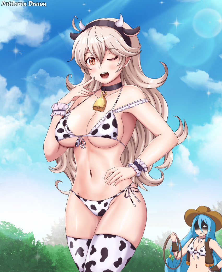 2021 2girls absurdres animal_ears animal_print azura_(fire_emblem) bell bikini blue_hair chinese_zodiac corrin_(fire_emblem) corrin_(fire_emblem)_(female) cow cow_ears cow_girl cow_horns cow_print cow_tail fake_animal_ears fire_emblem fire_emblem_fates fire_emblem_heroes hairband highres horns long_hair looking_at_viewer multiple_girls navel new_year one_eye_closed patdarux print_bikini red_eyes swimsuit tail whip white_hair year_of_the_ox yellow_eyes yuri