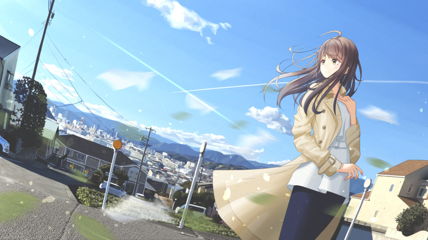 1girl ahoge arm_up blouse blue_blouse blue_skirt blue_sky brown_eyes brown_hair car city cloud coat condensation_trail day dutch_angle expressionless feet_out_of_frame ground_vehicle hair_blowing hand_on_own_chest highres house long_hair looking_to_the_side motor_vehicle mountainous_horizon open_clothes open_coat original outdoors parted_lips petals road scenery sena_(illust_sena) skirt sky solo standing utility_pole very_long_hair wind wind_lift yellow_coat