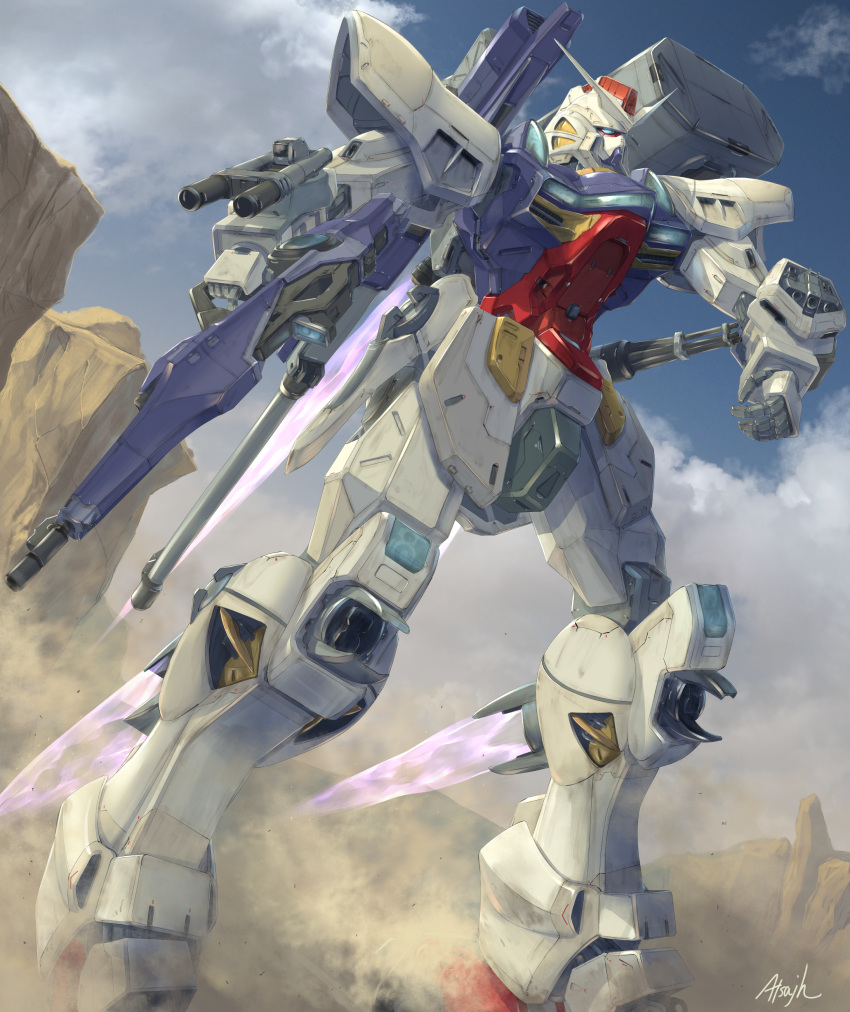 absurdres arm_cannon artist_name atsajh blue_eyes clenched_hand cloud commission g3-saviour gun gundam gundam_g-saviour highres holding holding_gun holding_weapon looking_up mecha no_humans skeb_commission sky solo thrusters v-fin weapon