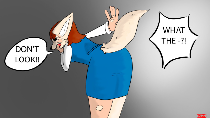 16:9 aggressive_retsuko canid canine female fennec fenneko fox fur human kuramafurrypaw mammal maximirusupauaa mid_transformation msheireushuua office_lady sanrio shapeshifting solo tan_body tan_fur transformation widescreen