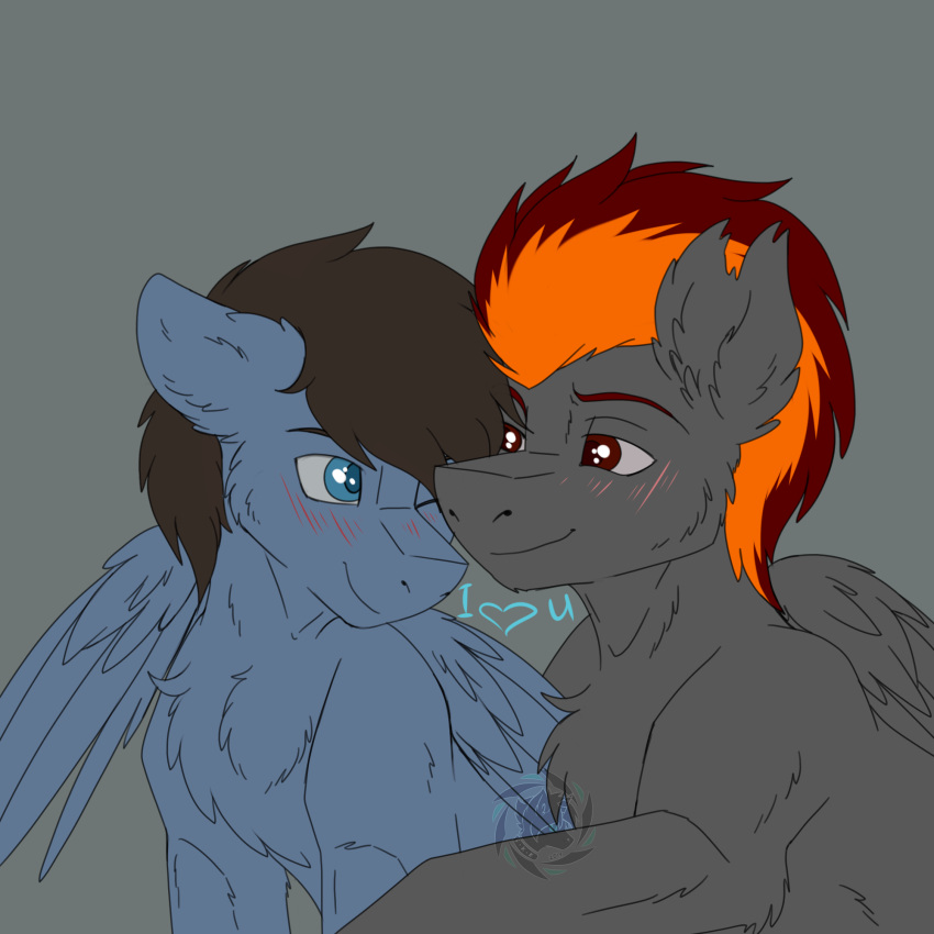 &lt;3 1:1 2019 black_body black_feathers black_wings blue_body blue_eyes blue_feathers blue_wings brown_eyes brown_mane chest_tuft duo equid equine explosive_pone fan_character feathered_wings feathers feral fkk fur grey_background hasbro hi_res inner_ear_fluff luckpirate male mammal mane multicolored_mane my_little_pony one_eye_closed orange_mane pegasus quadruped red_mane side_mouth simple_background smile tuft watermark white_body white_fur wings