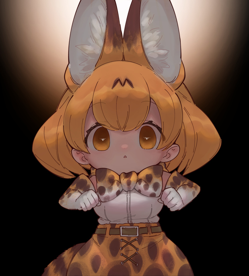 1girl :o absurdres animal_ear_fluff animal_ears bangs belt black_background black_belt bow breasts chibi clenched_hands elbow_gloves eyebrows_visible_through_hair gloves highres kemono_friends looking_at_viewer medium_breasts notora open_mouth orange_hair serval_(kemono_friends) serval_ears serval_print short_hair skirt solo triangle_mouth