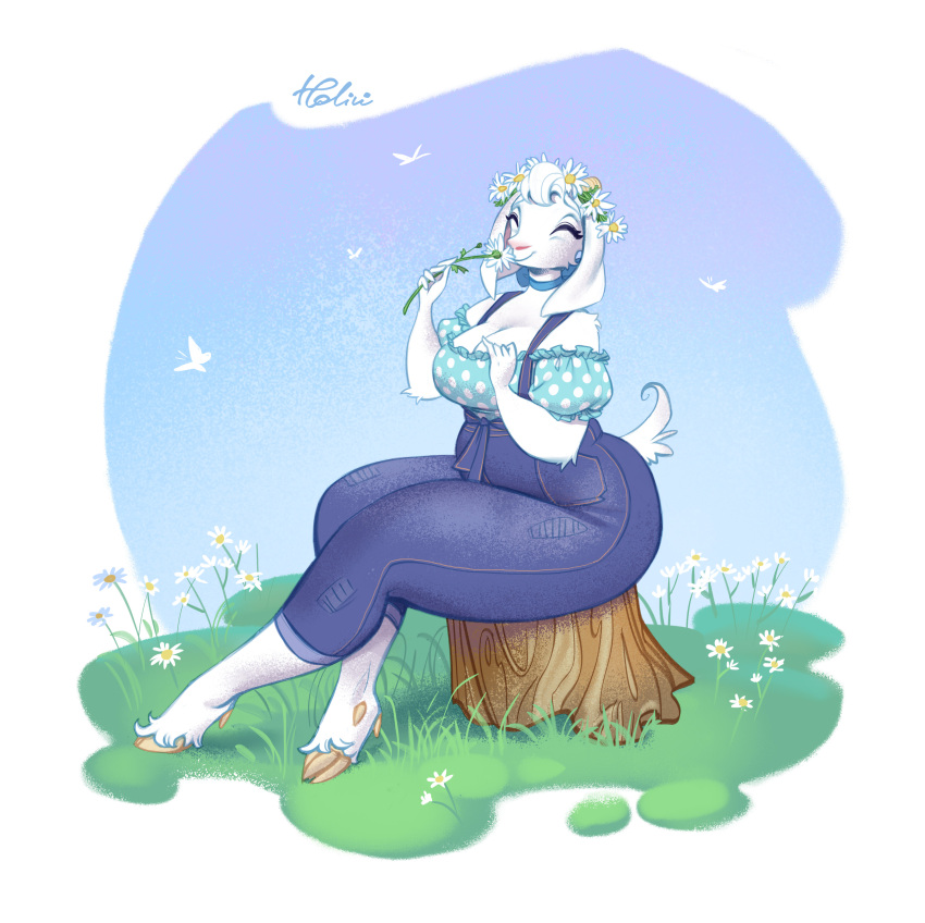 absurd_res anthro big_breasts bovid breasts caprine cleavage clothed clothing eyes_closed female flower flower_crown goat hi_res holivi hooves mammal neck_bow off_shoulder plant sitting solo thick_thighs tight_clothing tree_stump wide_hips