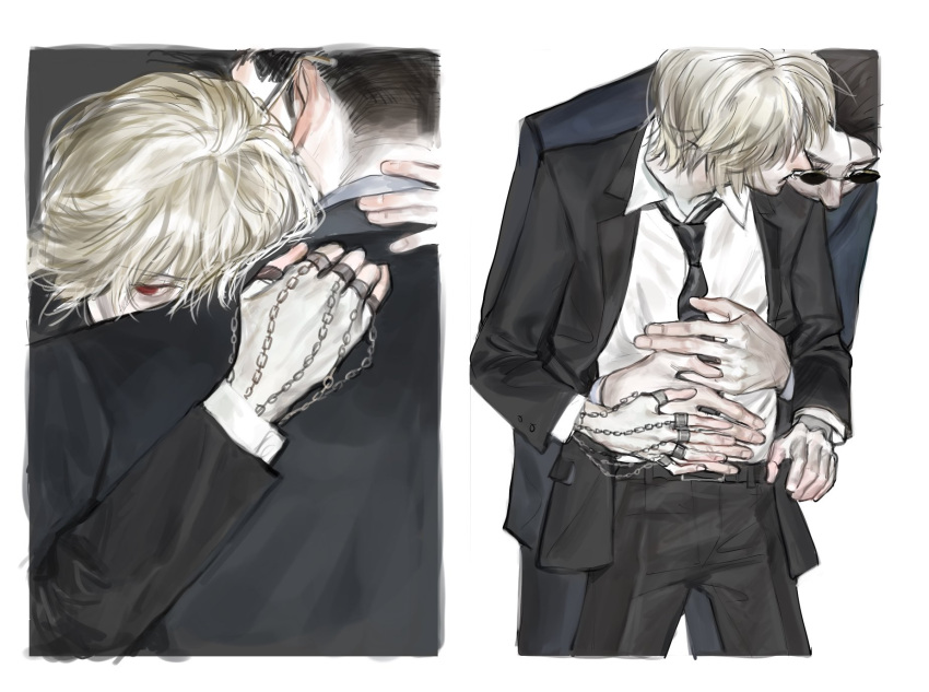 2boys arms_around_waist bangs belt black_hair black_jacket black_neckwear black_pants black_suit blonde_hair chain collared_shirt couple cowboy_shot facing_away formal from_behind hand_on_another's_hand head_on_another's_shoulder hidden_face highres hug hug_from_behind hunter_x_hunter jacket jewelry kurapika leorio_paladiknight long_sleeves looking_at_another looking_back loose_necktie male_focus multiple_boys multiple_views necktie pants red_eyes ring round_eyewear shirt short_hair standing suit sunglasses thumb_ring umi_(k_mpk) upper_body white_shirt yaoi
